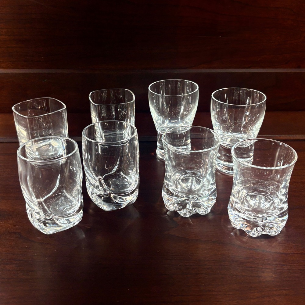 Mixed Shot Glasses Set of 8, 4 Pairs, Clear Glass Assorted Styles Barware